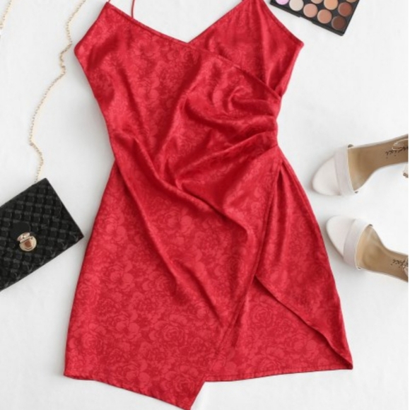 Zaful Dresses & Skirts - Red Floral Faux Wrap Mini Dress